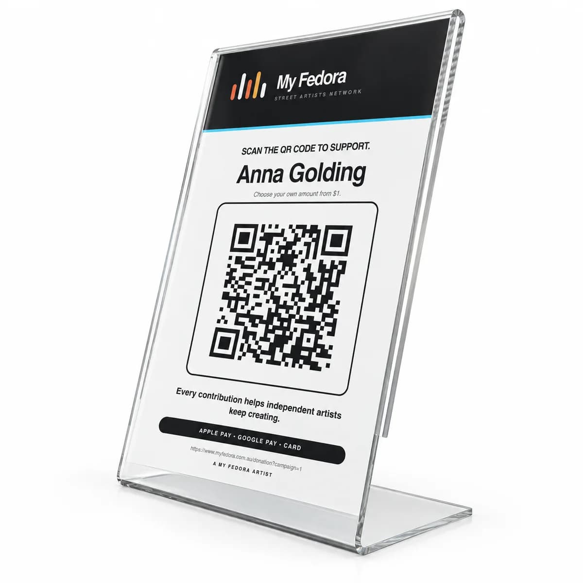 Anna Golding’s A5 QR poster in a clear holder