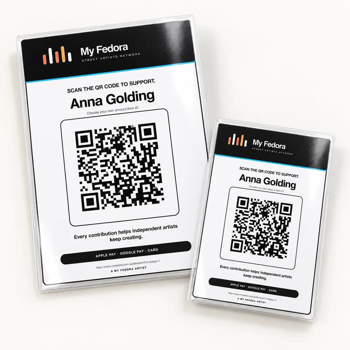 A5 Laminated QR Poster Pack shown with an Anna Golding My Fedora poster