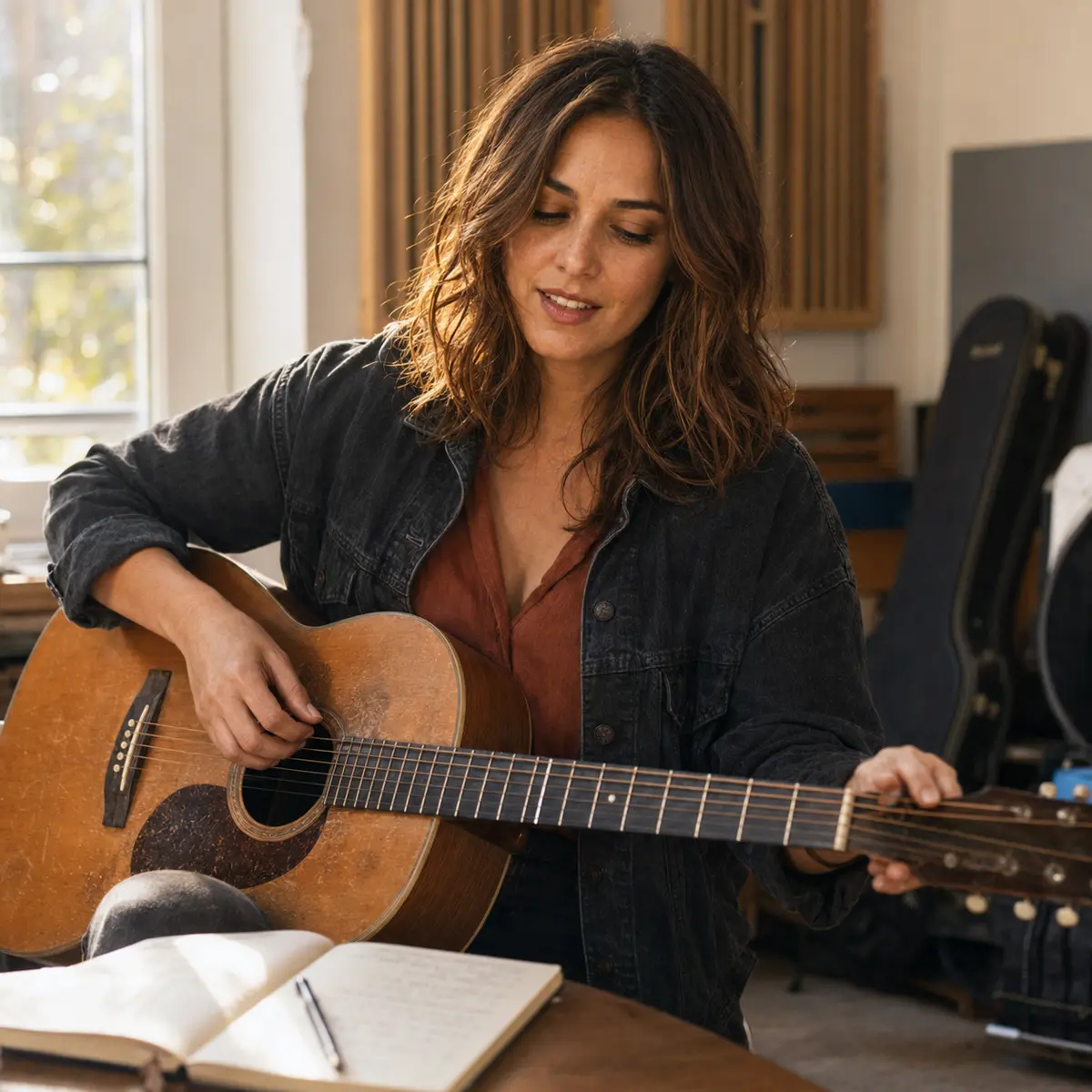 Anna Golding writing and rehearsing with her guitar